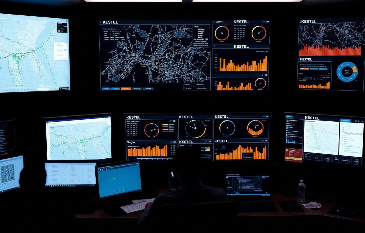 Sala de controle Kestel com dashboards de operação