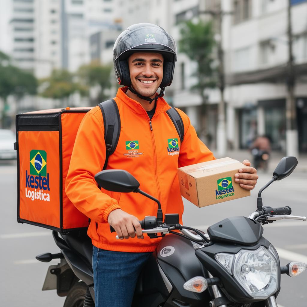 Entregador parceiro Kestel sorrindo ao lado da moto
