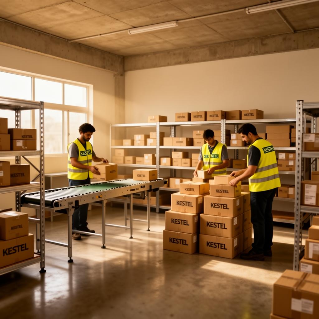 Centro de distribuição da Kestel com esteiras e operadores